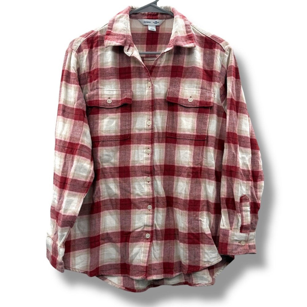 Old Navy The Boyfriend Shirt Red Cream Long Sleeve Plaid Button Front Shirt Sz S